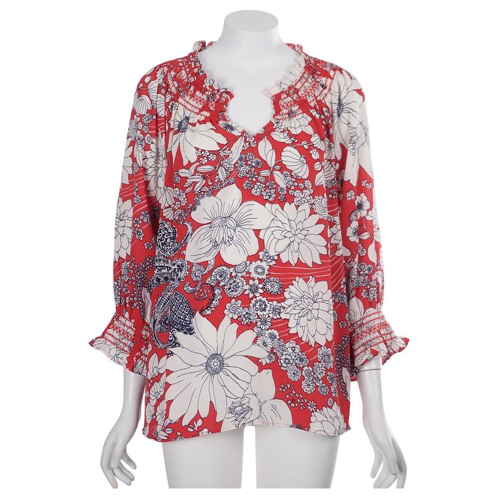 Talbots Top XL Petite XLP Red Blue Floral Print Smocked 3/4 Sleeve Casual